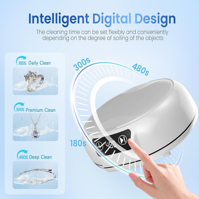 KUNPHY Ultrasonic Jewelry Cleaner, 700ml(24.5 0z) 48KHz Jewelry Cleaner Machine with 3 Digital Timers, Ultrasonic Cleaning Machine for Glasses, Rings, Diamond, Necklaces - Image 5